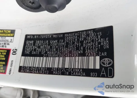 2016 Toyota Corolla Le из США, поврежденный, VIN 2T1BURHE0GC491493